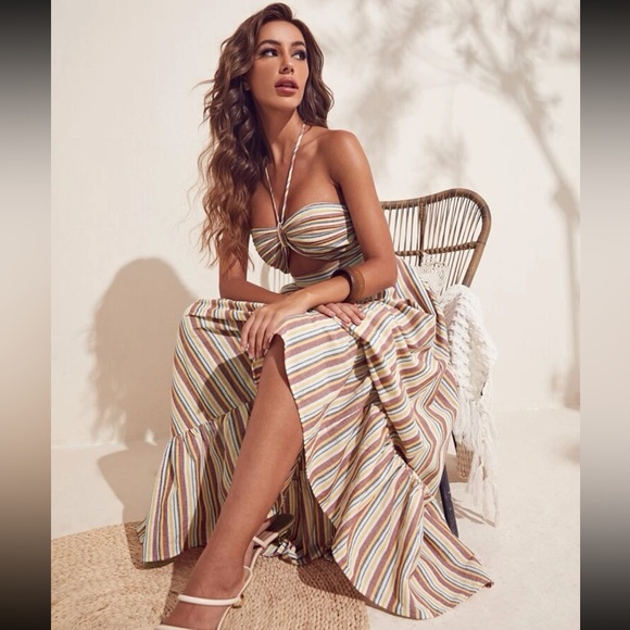 NWT SHEIN VCAY Cutout Detail Striped Ruffle Hem Halter Dress - Picture 4 of 4